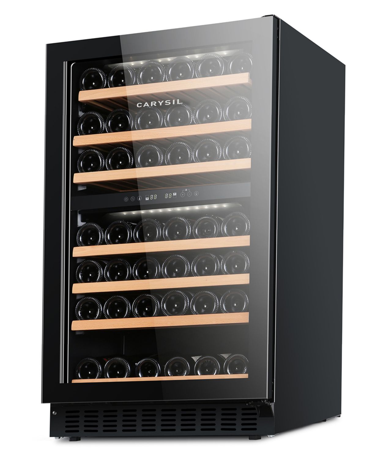 Carysil 77-Bottle Wine Chiller, Free Standing, Dual Cooling Zone (5°C-12°C White Wine & 12°C-20°C Red Wine), Adjustable Wooden Shelves with Toughened Glass Door, LED Display, Ideal for Home