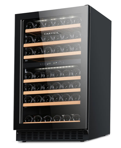 Carysil 77-Bottle Wine Chiller, Free Standing, Dual Cooling Zone (5°C-12°C White Wine & 12°C-20°C Red Wine), Adjustable Wooden Shelves with Toughened Glass Door, LED Display, Ideal for Home
