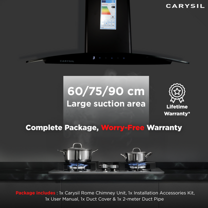 Carysil Rome 75 cm Kitchen Chimney, Curved Shape, 1100 m³/hr Suction Capacity, Filterless, BLDC Silent Motor, A-Energy Class, 3-Speed Touch Control, LED Lamp, 12-year Motor Warranty