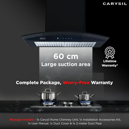 Carysil Rome 60 cm Kitchen Chimney, Curved Shape, 1250 m³/hr Suction Capacity, Baffle Filter, BLDC Silent Motor, A-Energy Class, 9-Speed Touch Control, LED Lamp, Lifetime Warranty