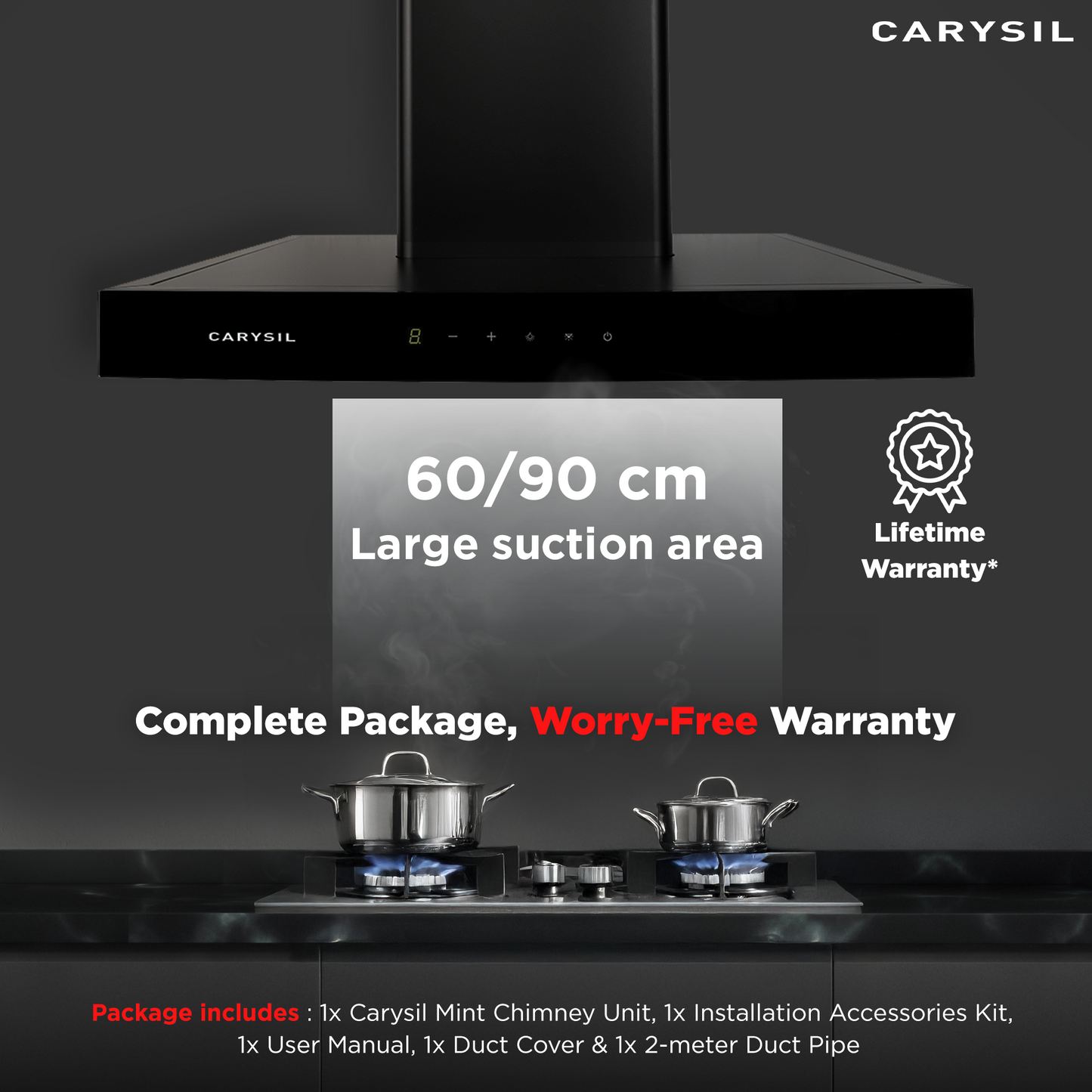 Carysil Mint 90 cm Kitchen Chimney, T-Shape, 1350 m³/hr Suction Capacity, Baffle Filter, Heat Auto Clean, 3-Speed Motion Sensor, LED Lamp, Lifetime Warranty