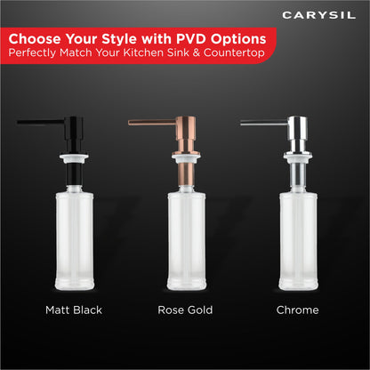 Carysil Kitchen Sink Soap Dispenser, 300ml Top Refill Built-in Countertop Stainless Steel Pump with 360° Rotating Head for Liquid Soap, Matt Black