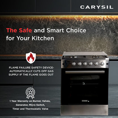 Carysil Free-Standing Cooking Range FSCR-01, 62L Gas Oven, 4 High-Power Italian SABAF Burners, Cast Iron Support, Digital Timer, Cooking, Baking, Grilling & Roasting, Stainless Steel Body, Silver