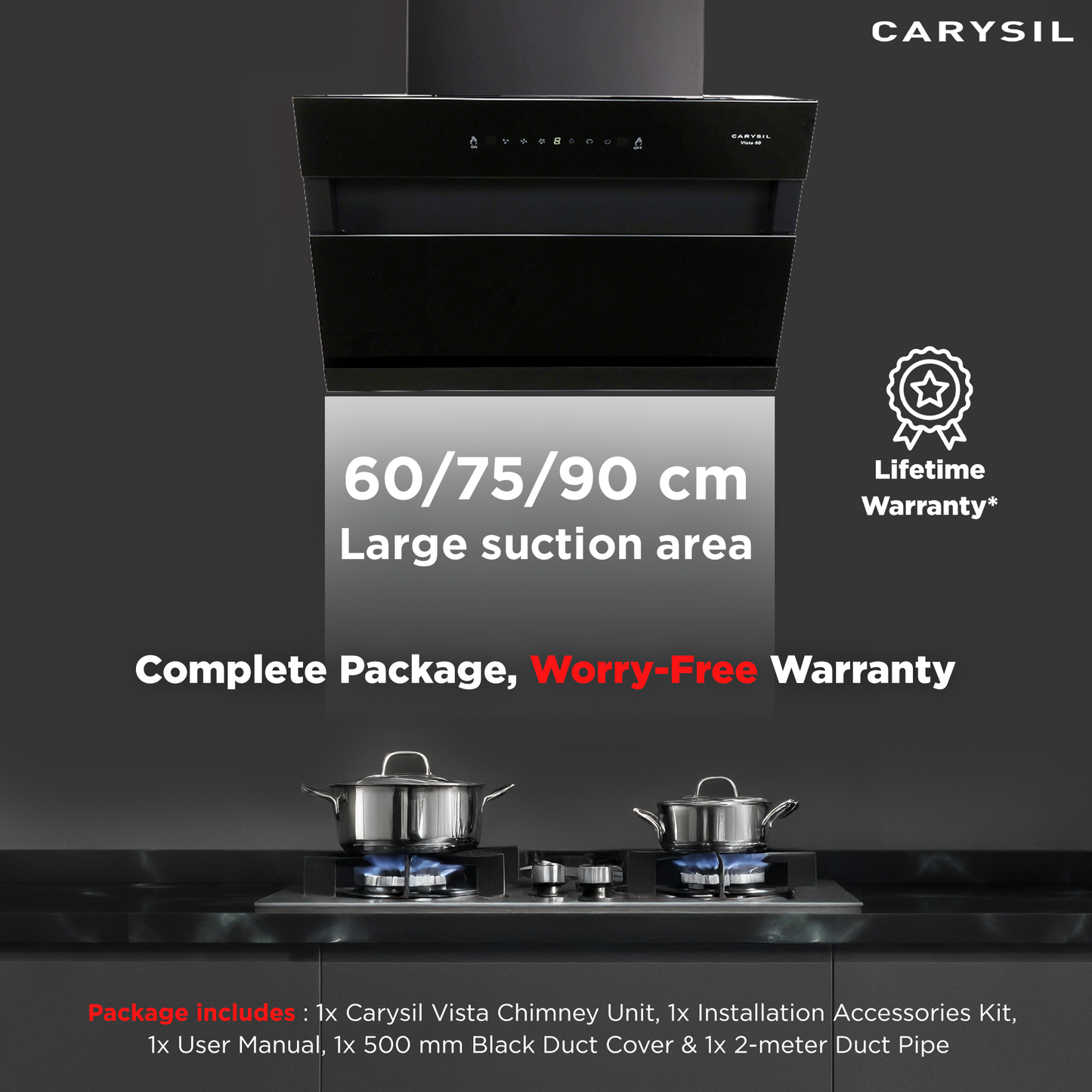 Carysil Vista 60 cm Kitchen Chimney, Vertical Slant, 1350 m³/hr Suction Capacity, Filterless, 3-Speed Motion Sensor, Heat Auto Clean, Oil Collector, LED Lamp, Lifetime Warranty