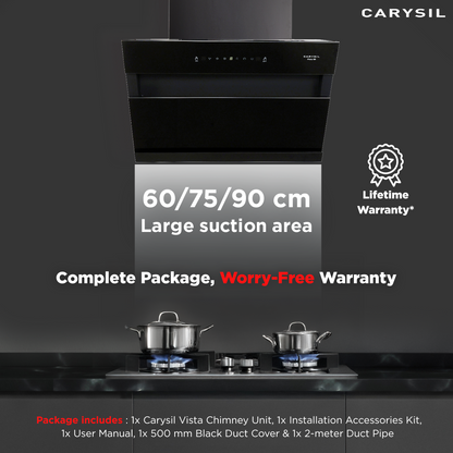 Carysil Vista 60 cm Kitchen Chimney, Vertical Slant, 1350 m³/hr Suction Capacity, Filterless, 3-Speed Motion Sensor, Heat Auto Clean, Oil Collector, LED Lamp, Lifetime Warranty