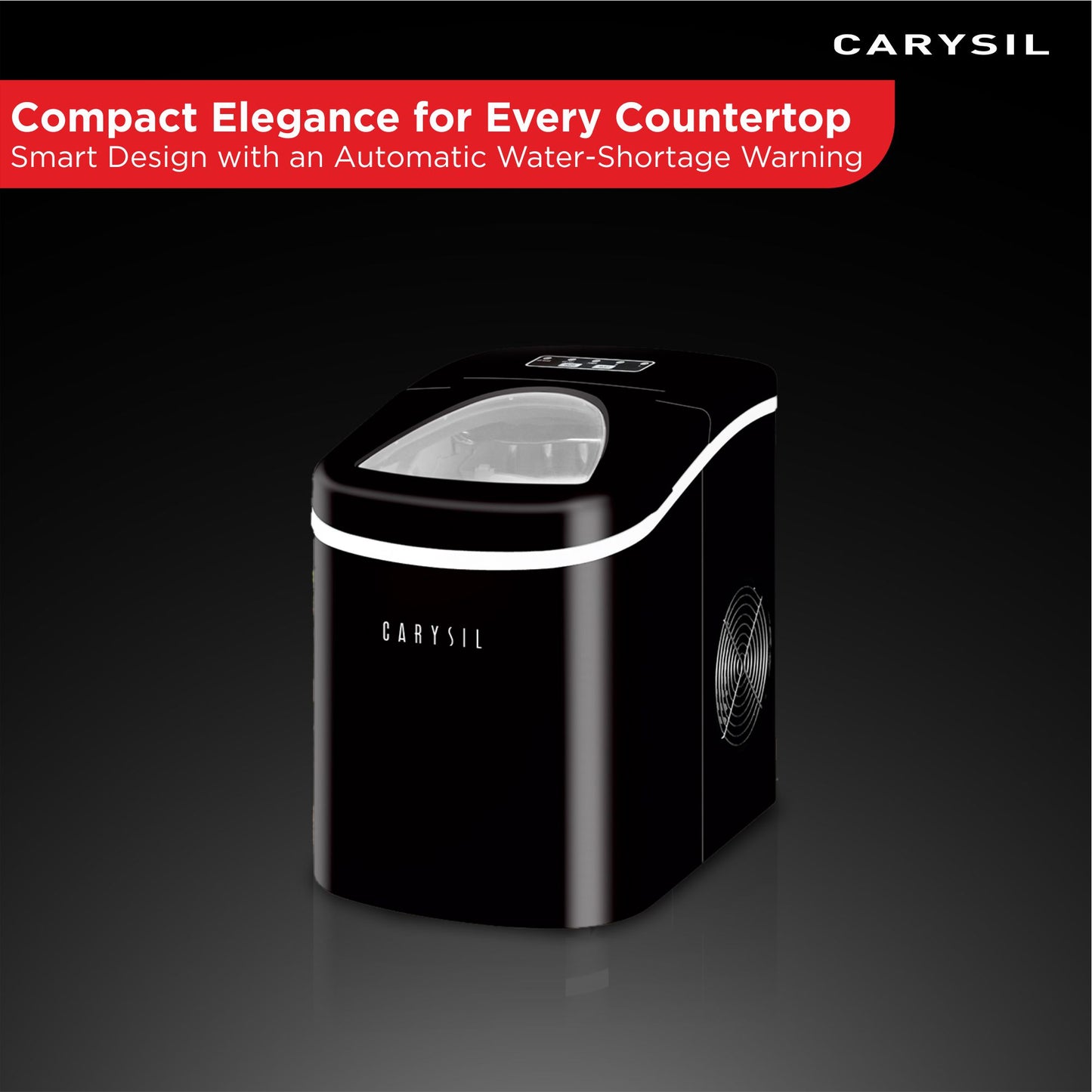 Carysil Sparkle Portable Compact Countertop Ice Maker, Makes 9 Ice Cubes Per Cycle, 12kg/24h Quick Ice Production, SS Finish with Ice Scoop, User-Friendly Control Panel for Home, Office & Outdoor Use
