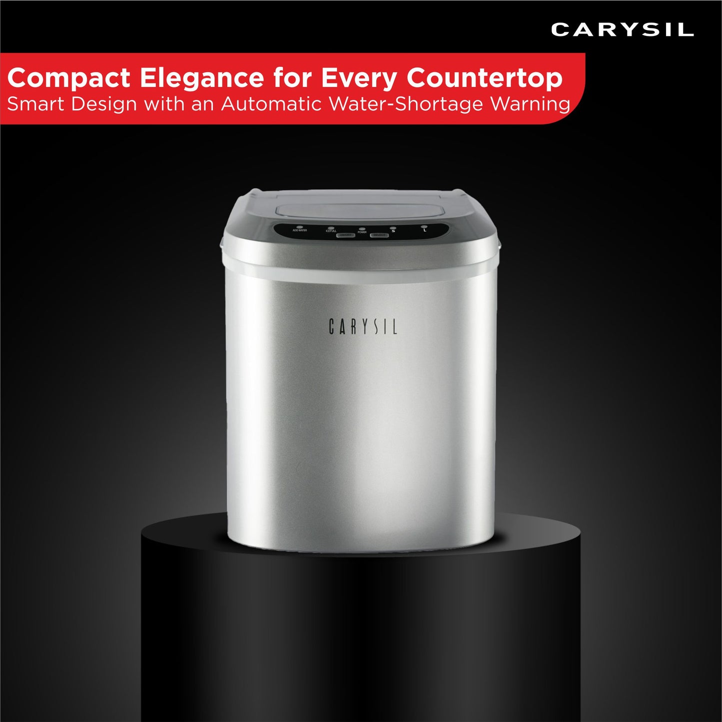 Carysil Joy Portable Compact Countertop Ice Maker, Makes 9 Ice Cubes Per Cycle, 12kg/24h Quick Ice Production, SS Finish with Ice Scoop, User-Friendly Control Panel for Home, Office & Outdoor Use