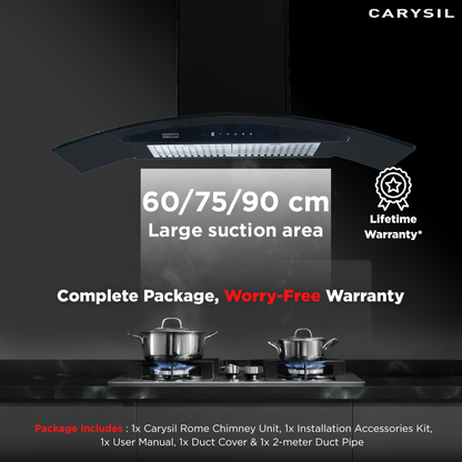 Carysil Rome 75 cm Kitchen Chimney, Curved Shape, 1250 m³/hr Suction Capacity, Baffle Filter, BLDC Silent Motor, A-Energy Class, 9-Speed Touch Control, LED Lamp, 12-year Motor Warranty