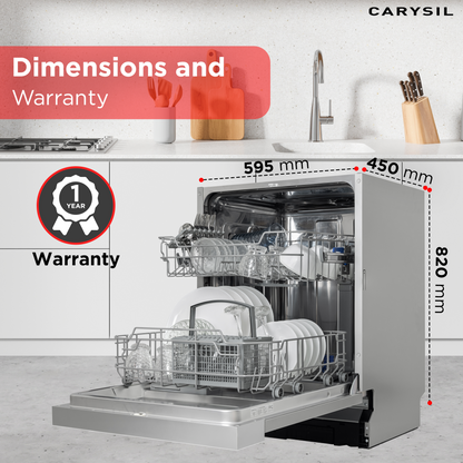 Carysil Semi Built-in Dishwasher DW-02, A++ Energy Class, 12 Place Setting, 6 Wash Programs, Touch Control Display, Water Consumption 11Ltr/cycle, 49 dB Low Noise Operation, Detergent Automation Sensor, Stainless Steel