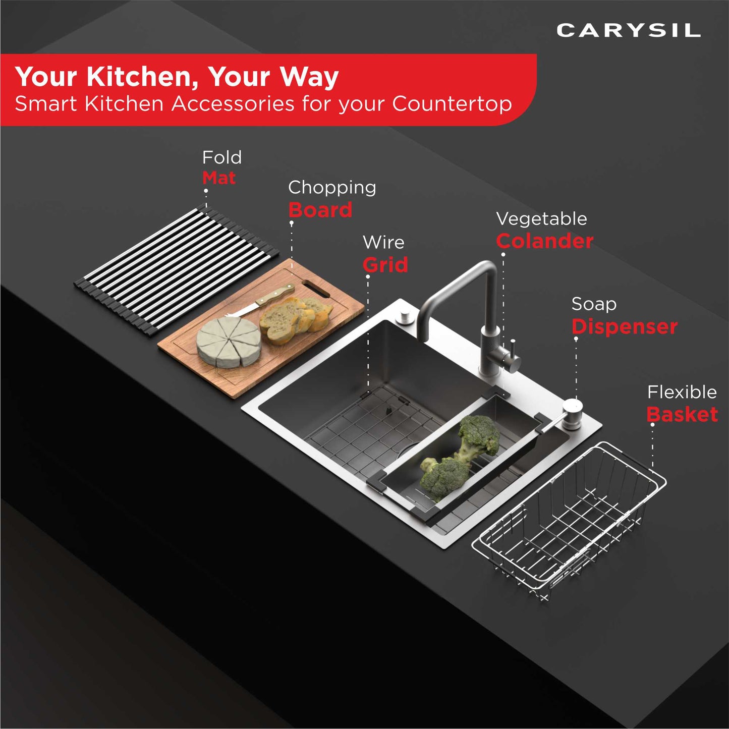 Carysil Wire Grid for Kitchen Sink, 304-Grade Stainless Steel, Metal Dish Drying Rack, Self Draining, Prevents Sliding, Kitchen Sink Accessories, 54.7x35.5x2.96 cm