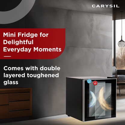 Carysil Mini Refrigerator, Stores up to 15 Wine Bottles, Free Standing, Single Cooling Zone (5°C-20°C), Manual Temperature Control, Toughened Glass Door, Compact and Stylish, Ideal for Home