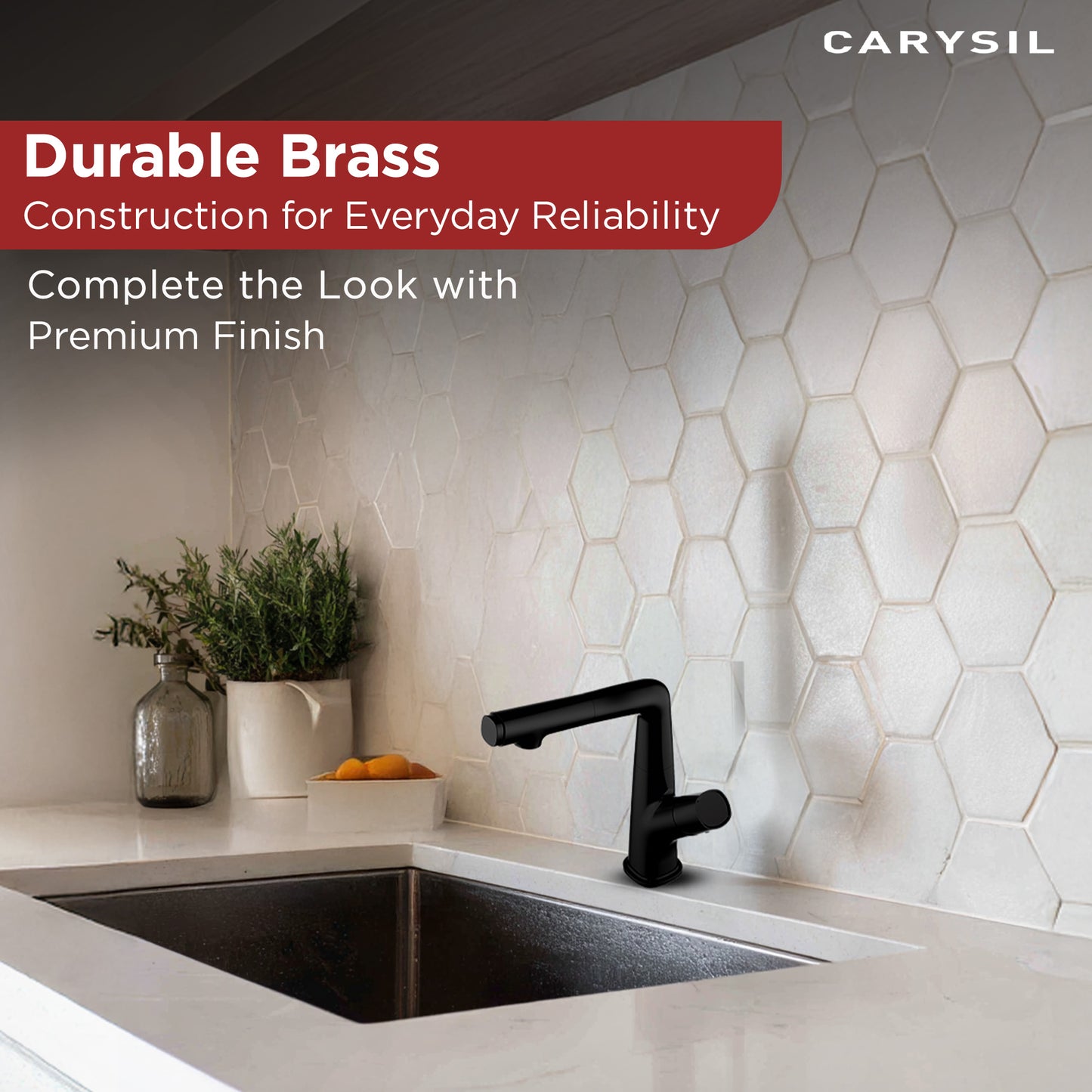 Carysil Alpha 04 Kitchen Faucet, Pull-Out Sprayer, Solid Brass, 180° Swivel Spout, 2-Function Spray, Ceramic Cartridge, Stainless Steel Hoses, Easy Installation, Premium Packaging