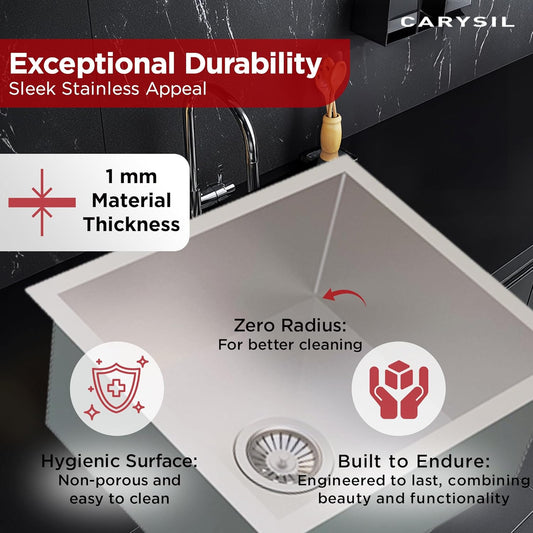 Carysil Quadro Ultra Stainless Steel Kitchen Sink, 24x18x8 inches, Single Bowl Zero Radius Stainless Sink, Noise Reduction, Heat, Scratch & Stain Resistant, Sloping Drains, 304 SS Coupling, Satin