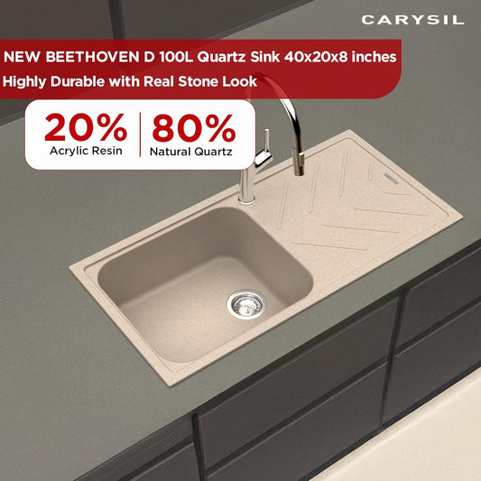 Carysil Quartz New Beethoven D 100L Kitchen Sink with Drainboard, Real Stone Finish, 304 Stainless Steel Coupling, Kitchen Sink with Sloping Drain, Noise Reduction Design, 40x20x8 inches, Sand