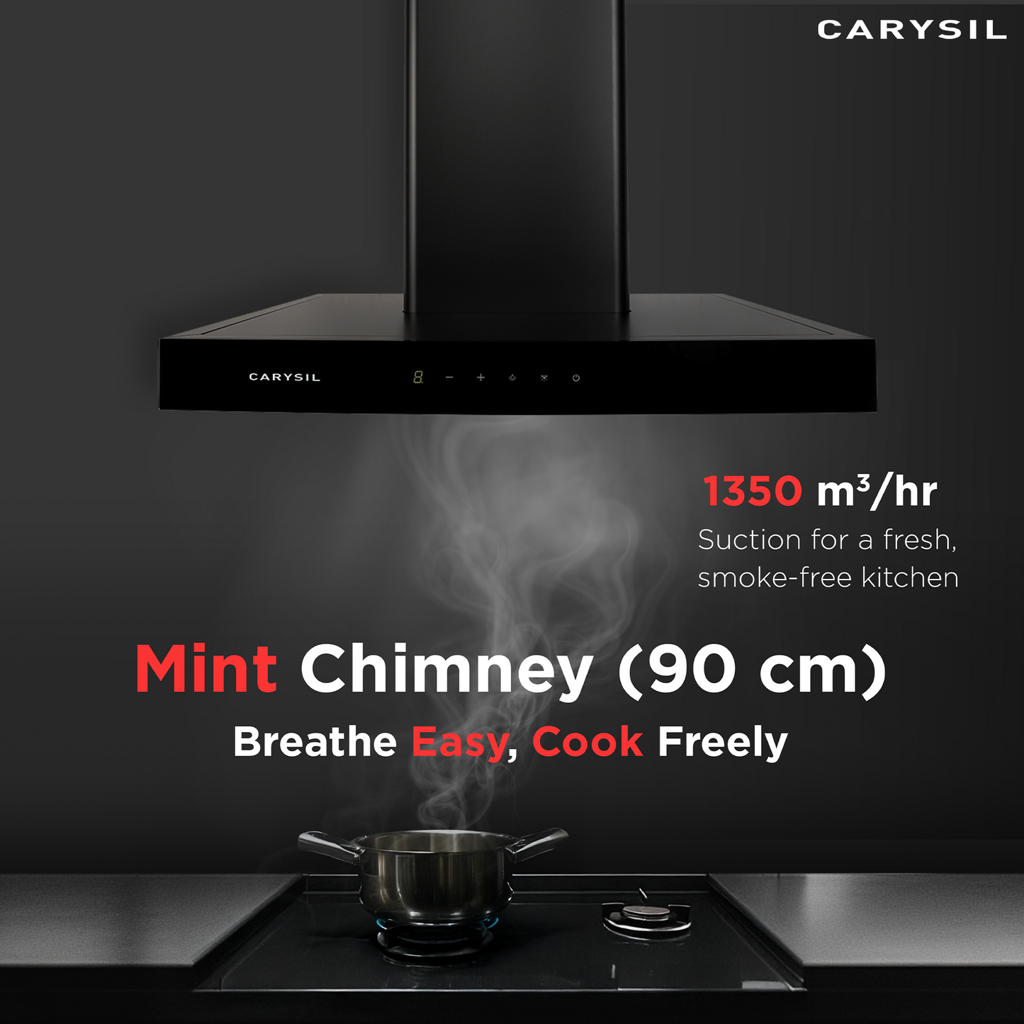 Carysil Mint 90 cm Kitchen Chimney, T-Shape, 1350 m³/hr Suction Capacity, Baffle Filter, Heat Auto Clean, 3-Speed Motion Sensor, LED Lamp, Lifetime Warranty