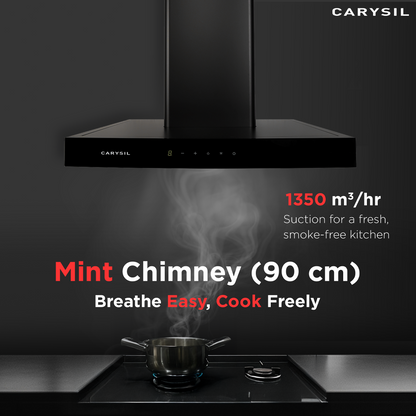 Carysil Mint 90 cm Kitchen Chimney, T-Shape, 1350 m³/hr Suction Capacity, Baffle Filter, Heat Auto Clean, 3-Speed Motion Sensor, LED Lamp, Lifetime Warranty