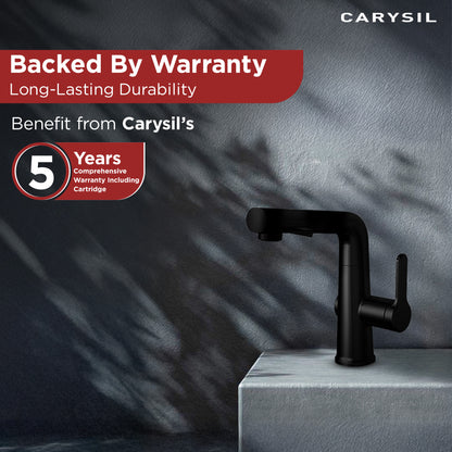 Carysil Alpha 03 Modern Kitchen Faucet with Pull-Out Spray, High Arc with 360-Degree Swivel, Single-Lever Handle for Hot/Cold Water, Matt Black Finish, 5-Year Warranty