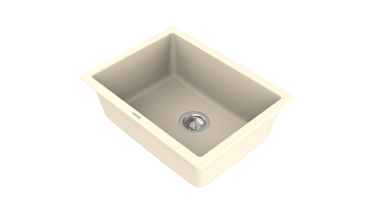 Carysil Quartz Titanium Max Plus Series Single Bowl Kitchen Sink, Real Stone Finish, 304 Stainless Steel Coupling, Kitchen Sink with Sloping Drain, Noise Reduction Design, 24x18x8 inches, Champagne