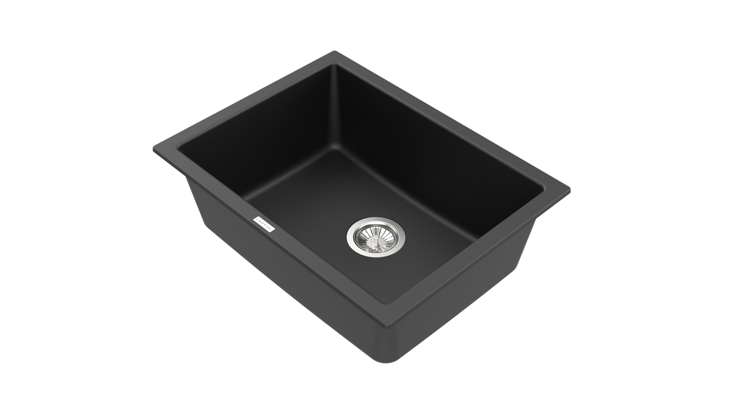 Carysil Quartz Titanium Max Plus Series Single Bowl Kitchen Sink, Real Stone Finish, 304 Stainless Steel Coupling, Kitchen Sink with Sloping Drain, Noise Reduction Design, 24x18x8 inches, Nera