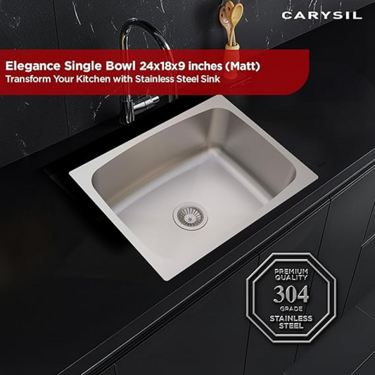 Carysil Elegance Series Single Bowl Kitchen Sink, Stainless Steel Kitchen Sink, 304 Stainless Steel Coupling, Noise Reduction Design, Deep Bowl with Sloping Drain, 24x18x9 inches, Matt Finish