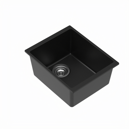 Carysil Quartz Dolce UK Series Single Bowl Kitchen Sink with 50 ml Cleaning Kit, Real Stone Finish, 304 Stainless Steel Coupling, Kitchen Sink with Sloping Drain, Noise Reduction Design, 15x18x8 inches, Pearl Black