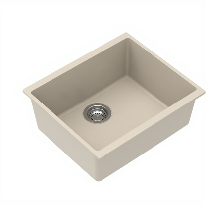 Carysil Quartz Dolce UK Series Single Bowl Kitchen Sink, Real Stone Finish, 304 Stainless Steel Coupling, Kitchen Sink with Sloping Drain, Noise Reduction Design, 21x18x8 inches, Cream