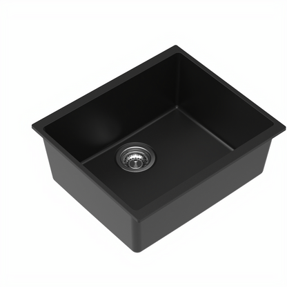 Carysil Quartz Dolce UK Series Single Bowl Kitchen Sink, Real Stone Finish, 304 Stainless Steel Coupling, Kitchen Sink with Sloping Drain, Noise Reduction Design, 21x18x8 inches, Pearl Black