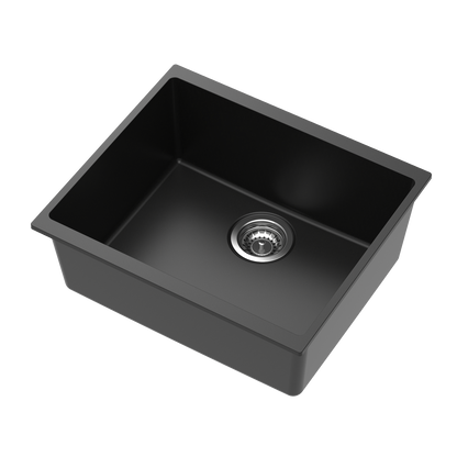 Carysil Quartz Dolce UK Series Single Bowl Kitchen Sink, Real Stone Finish, 304 Stainless Steel Coupling, Kitchen Sink with Sloping Drain, Noise Reduction Design, 21x18x8 inches, Pearl Black