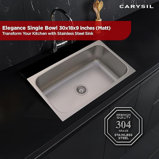 Carysil Elegance Series Single Bowl Kitchen Sink, Stainless Steel Kitchen Sink, 304 Stainless Steel Coupling, Noise Reduction Design, Deep Bowl with Sloping Drain, 30x18x9 inches, Matt Finish
