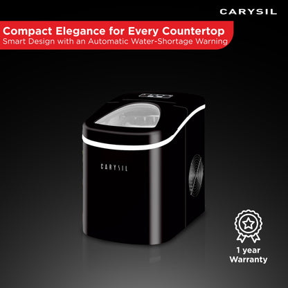 Carysil Sparkle Portable Compact Countertop Ice Maker, Makes 9 Ice Cubes Per Cycle, 12kg/24h Quick Ice Production, SS Finish with Ice Scoop, User-Friendly Control Panel for Home, Office & Outdoor Use