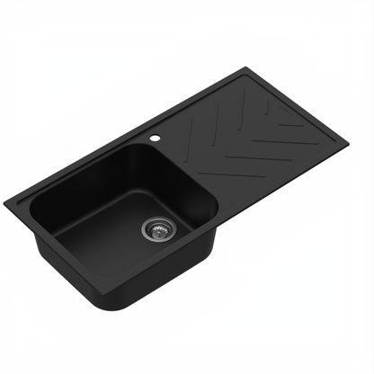 Carysil Quartz New Beethoven D 100L Kitchen Sink with Drainboard, Real Stone Finish, 304 Waste Coupling with 50 ml Cleaning Kit, Kitchen Sink with Sloping Drain, Noise Reduction Design, 40x20x8 inches, Pearl Black