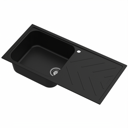 Carysil Quartz New Beethoven D 100L Kitchen Sink with Drainboard, Real Stone Finish, 304 Waste Coupling with 50 ml Cleaning Kit, Kitchen Sink with Sloping Drain, Noise Reduction Design, 40x20x8 inches, Pearl Black