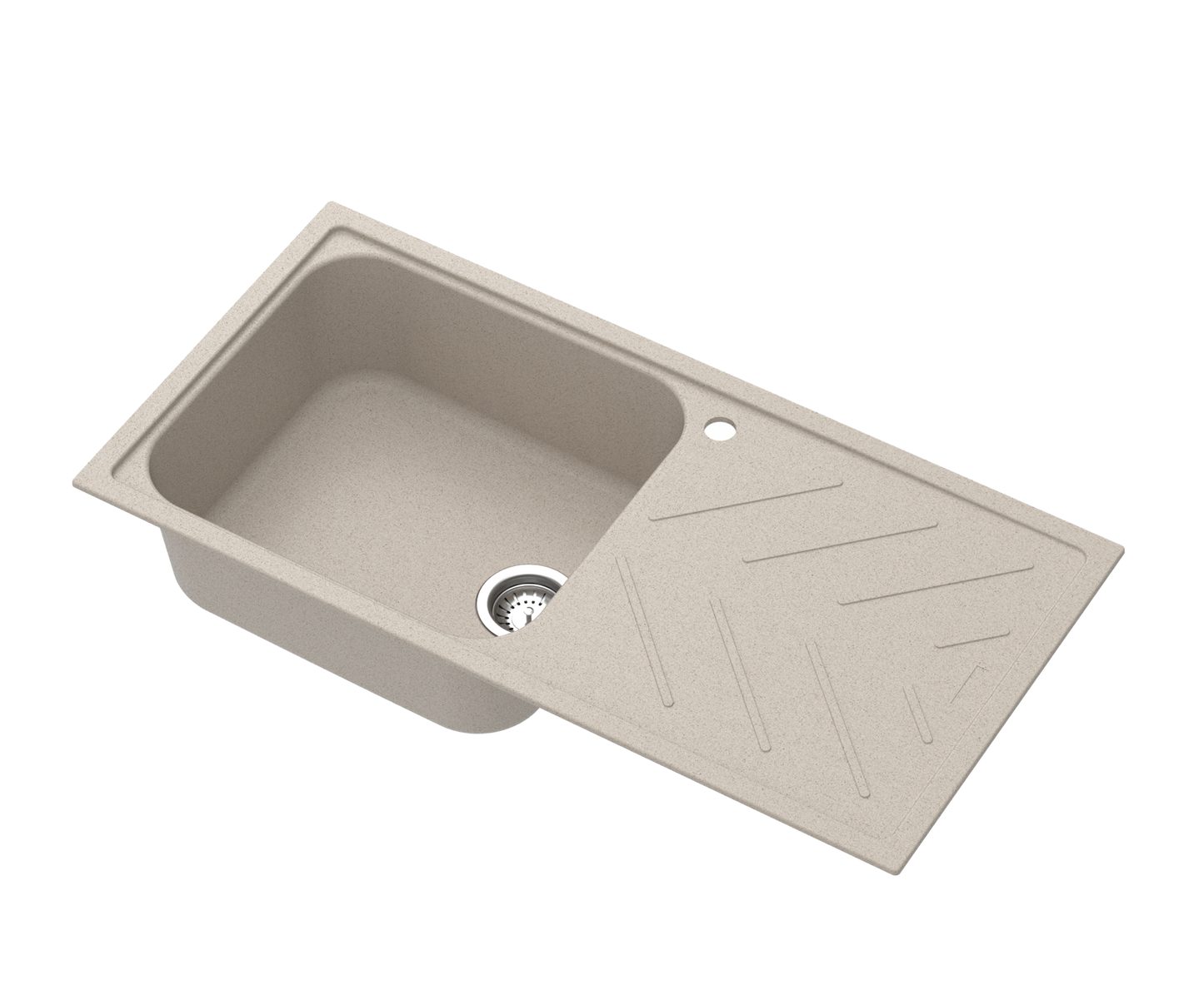 Carysil Quartz New Beethoven D 100L Kitchen Sink with Drainboard, Real Stone Finish, 304 Stainless Steel Coupling, Kitchen Sink with Sloping Drain, Noise Reduction Design, 40x20x8 inches, Sand