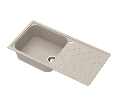 Carysil Quartz New Beethoven D 100L Kitchen Sink with Drainboard, Real Stone Finish, 304 Stainless Steel Coupling, Kitchen Sink with Sloping Drain, Noise Reduction Design, 40x20x8 inches, Sand