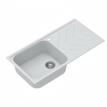 Carysil Quartz New Beethoven D 100L Kitchen Sink with Drainboard, Real Stone Finish, 304 Stainless Steel Coupling, Kitchen Sink with Sloping Drain, Noise Reduction Design, 40x20x8 inches, Whisper Grey