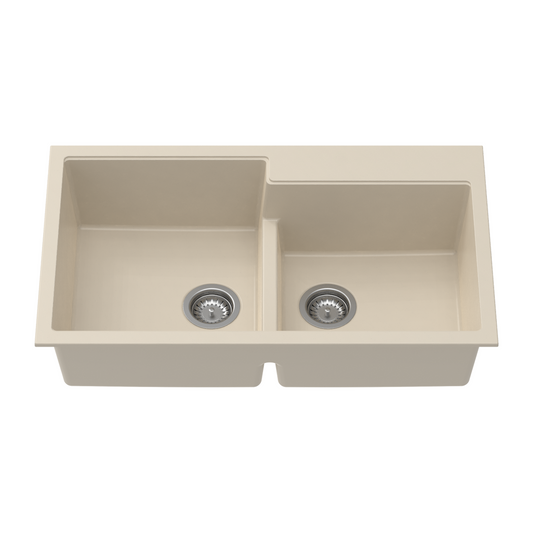 Carysil Quartz Tip Toe N 200 Double Bowl Kitchen Sink, Real Stone Finish, 304 Stainless Steel Coupling, Kitchen Sink with Sloping Drain, Noise Reduction Design, 34x20x8 inches, Cream