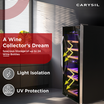 Carysil Wine Chiller, Stores up to 24 Bottles, Free Standing, Dual Cooling Zone (3°C-12°C White Wine & 12°C-20°C Red Wine), Adjustable Wooden Shelves with Toughened Glass Door, LED Display, Ideal for Home