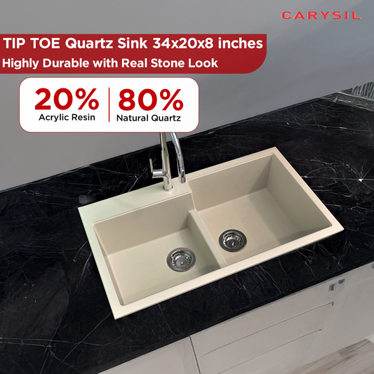 Carysil Quartz Tip Toe N 200 Double Bowl Kitchen Sink, Real Stone Finish, 304 Stainless Steel Coupling, Kitchen Sink with Sloping Drain, Noise Reduction Design, 34x20x8 inches, Cream