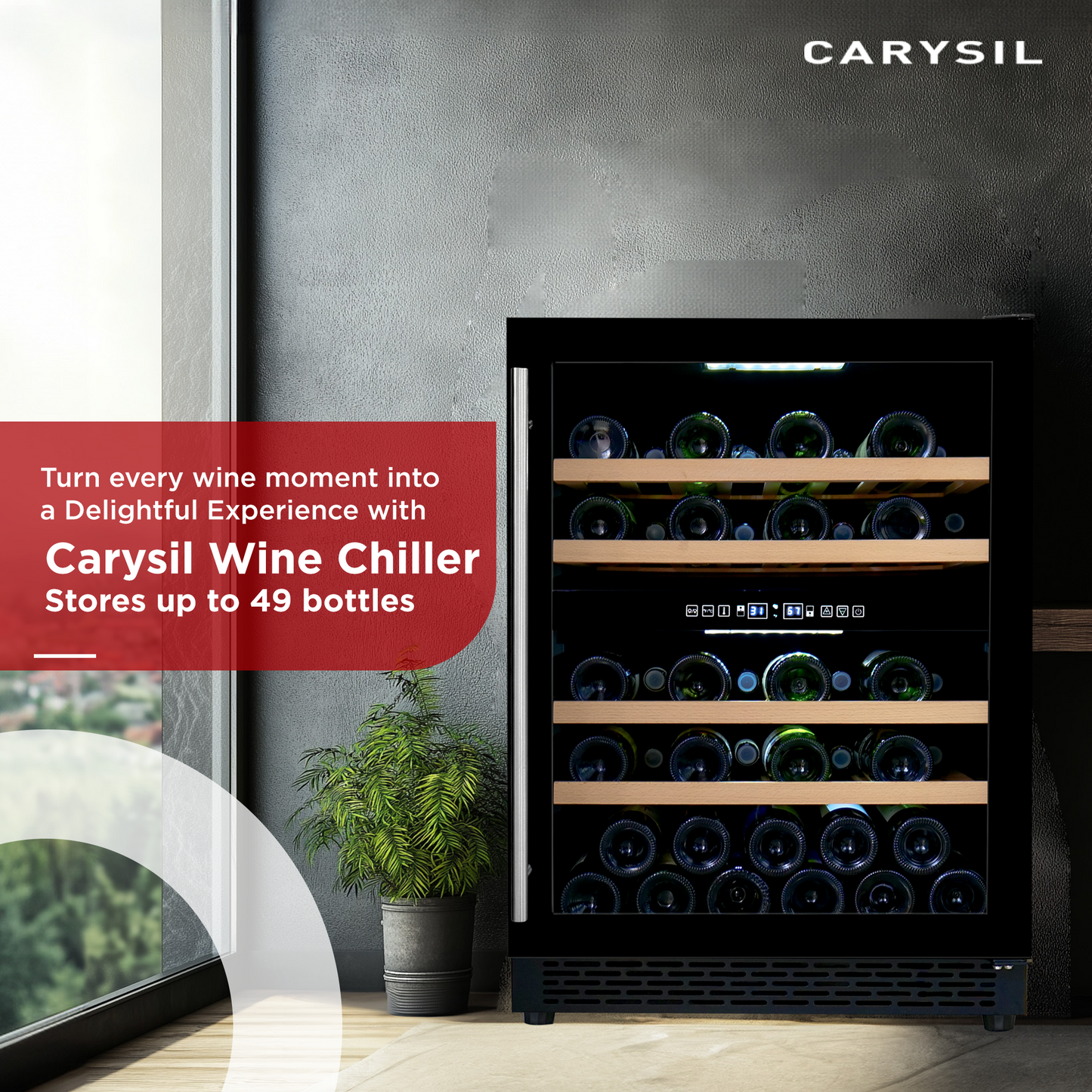 Carysil Wine Chiller, Stores up to 49 Bottles, Free Standing, Dual Cooling Zone (3°C-12°C White Wine & 12°C-20°C Red Wine), Adjustable Wooden Shelves with Toughened Glass Door, LED Display, Ideal for Home