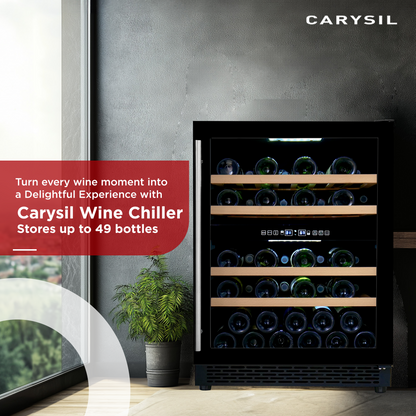 Carysil Wine Chiller, Stores up to 49 Bottles, Free Standing, Dual Cooling Zone (3°C-12°C White Wine & 12°C-20°C Red Wine), Adjustable Wooden Shelves with Toughened Glass Door, LED Display, Ideal for Home