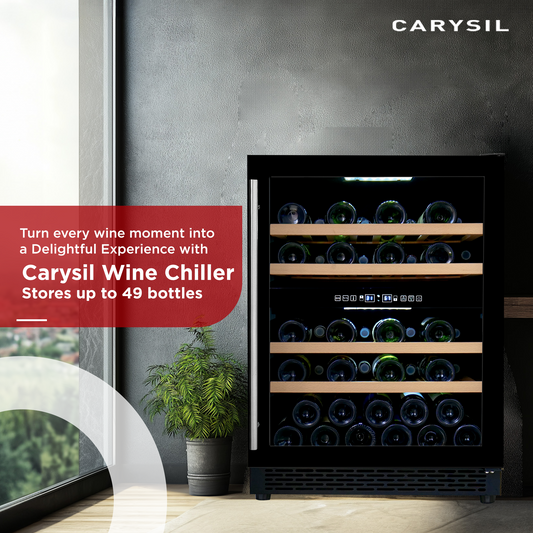 Carysil Wine Chiller, Stores up to 49 Bottles, Free Standing, Dual Cooling Zone (3°C-12°C White Wine & 12°C-20°C Red Wine), Adjustable Wooden Shelves with Toughened Glass Door, LED Display, Ideal for Home