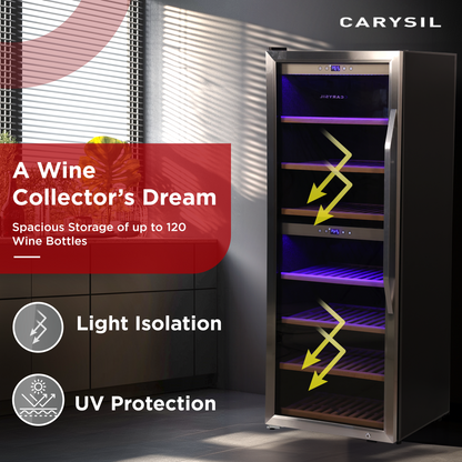 Carysil Wine Chiller, Stores up to 120 Bottles, Free Standing, Dual Cooling Zone (3°C-12°C White Wine & 12°C-20°C Red Wine), Adjustable Wooden Shelves with Toughened Glass Door, LED Display, Ideal for Home