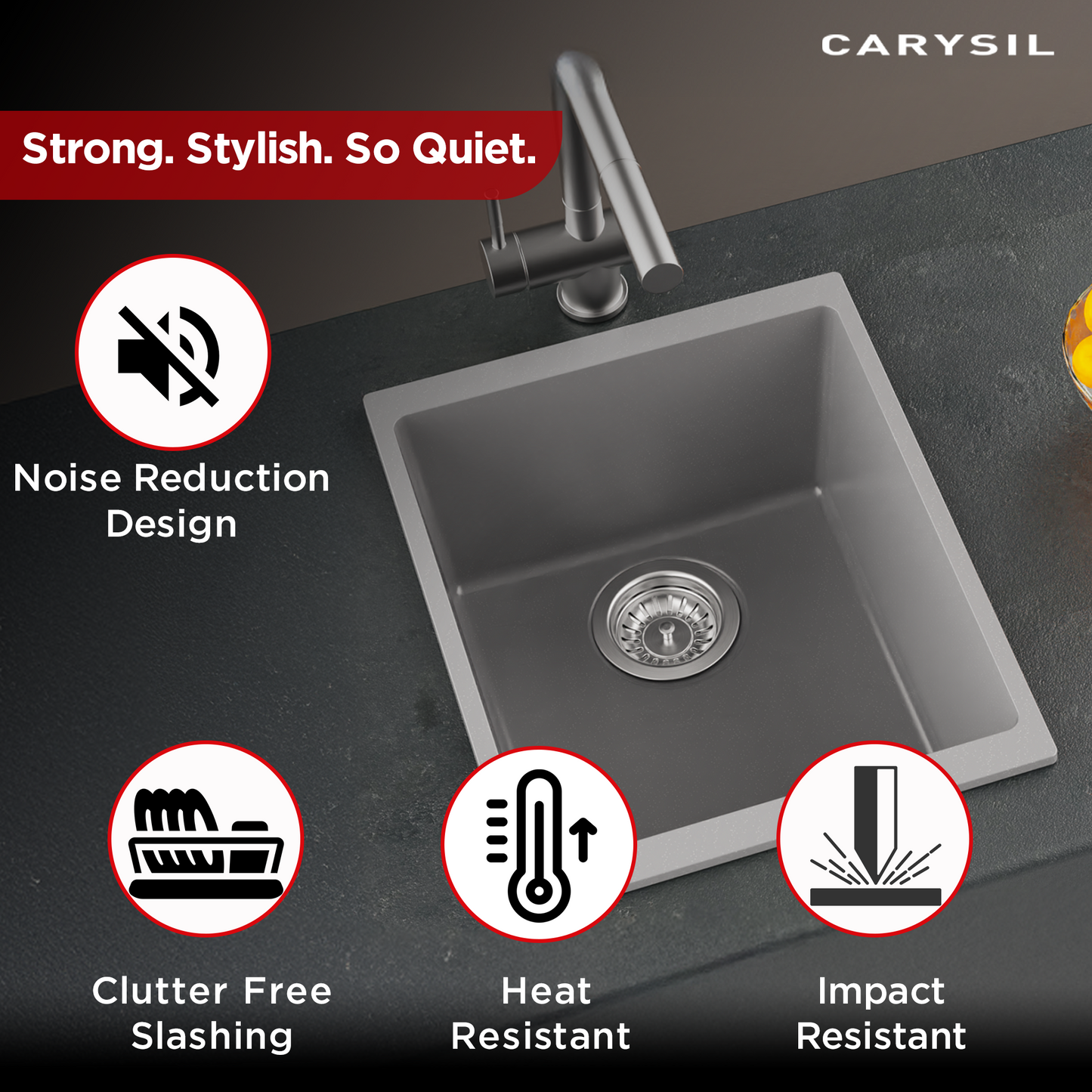 Carysil Quartz Dolce UK Series Single Bowl Kitchen Sink, Real Stone Finish, 304 Stainless Steel Coupling, Kitchen Sink with Sloping Drain, Noise Reduction Design, 15x18x8 inches, Whisper Grey