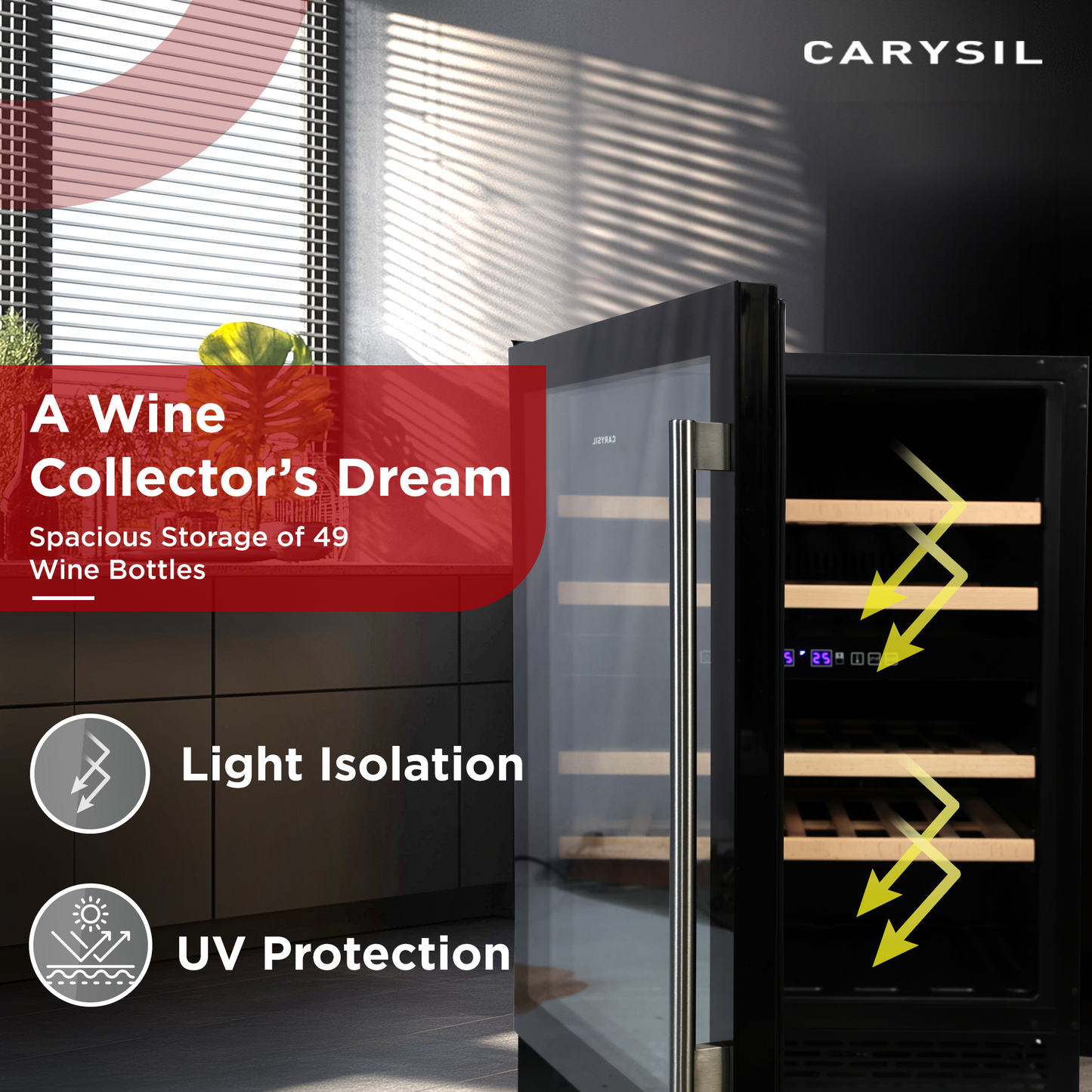 Carysil Wine Chiller, Stores up to 49 Bottles, Free Standing, Dual Cooling Zone (3°C-12°C White Wine & 12°C-20°C Red Wine), Adjustable Wooden Shelves with Toughened Glass Door, LED Display, Ideal for Home