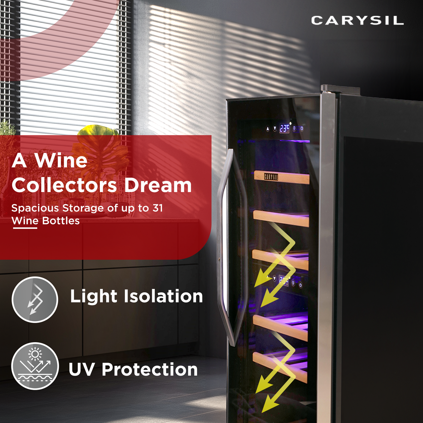 Carysil Wine Chiller, Stores up to 31 Bottles, Free Standing, Dual Cooling Zone (3°C-12°C White Wine & 12°C-20°C Red Wine), Adjustable Wooden Shelves with Toughened Glass Door, LED Display, Ideal for Home