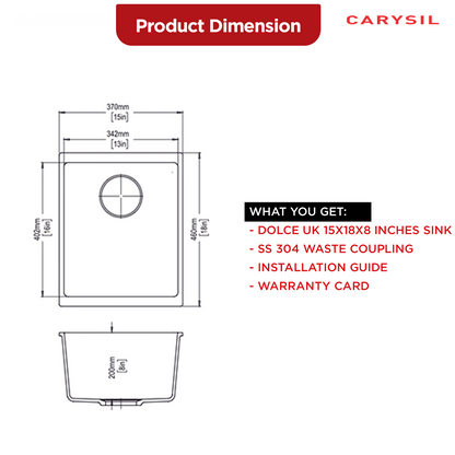 Carysil Quartz Dolce UK Series Single Bowl Kitchen Sink, Real Stone Finish, 304 Stainless Steel Coupling, Kitchen Sink with Sloping Drain, Noise Reduction Design, 15x18x8 inches, Whisper Grey