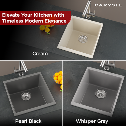 Carysil Quartz Dolce UK Series Single Bowl Kitchen Sink, Real Stone Finish, 304 Stainless Steel Coupling, Kitchen Sink with Sloping Drain, Noise Reduction Design, 15x18x8 inches, Whisper Grey