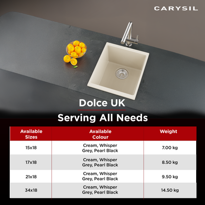 Carysil Quartz Dolce UK Series Single Bowl Kitchen Sink, Real Stone Finish, 304 Stainless Steel Coupling, Kitchen Sink with Sloping Drain, Noise Reduction Design, 15x18x8 inches, Cream