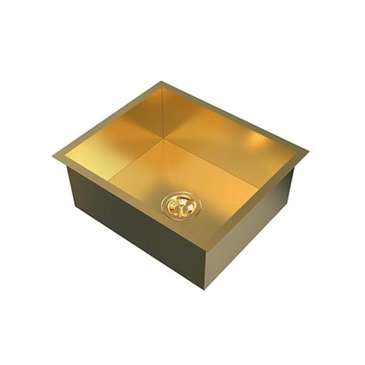 Carysil Classic Quadro N100 PVD Finish Single Bowl Kitchen Sink, Stainless Steel Zero Radius Sink, Deep Bowl, Sloping Drains, Noise Reduction, 304 Coupling, 21x18x8 inches, Yellow Gold