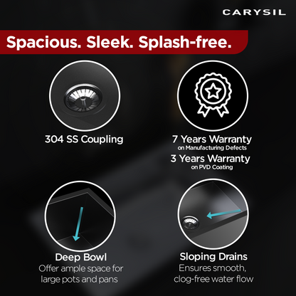 Carysil Classic Quadro N100 PVD Finish Single Bowl Kitchen Sink, Stainless Steel Zero Radius Sink, Deep Bowl, Sloping Drains, Noise Reduction, 304 Coupling, 24x18x8 inches, Gun Metal